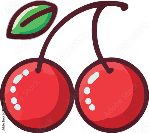 Cartoon illustration of two bright red cherries with a green leaf and long stems