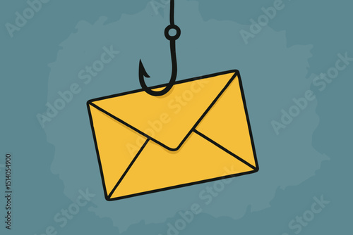 Phishing email scam. Cybersecurity concept. Envelope fishing hook bait. Online fraud. Data theft. Malware. Internet security risk. Hacker attack. Identity theft. Cybercrime lure. Vintage art