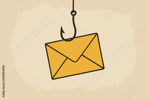 Phishing email scam alert: Envelope on fishing hook as bait for online fraud, data theft, identity theft. Cybersecurity concept, internet security threat, spam, malware, hacker lure. Vintage vector.