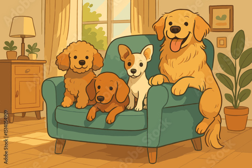 Cute dogs illustration. Pet animal friends relaxing. Cartoon Golden Retriever, Poodle, Dachshund, Terrier puppies on armchair. Cozy home living room. Happy domestic companionship concept. Group.