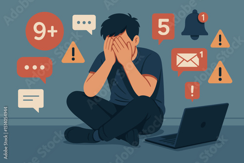 Overwhelmed man covering face, stressed by constant digital notifications, emails, and social media alerts from laptop. Concept of information overload, burnout, anxiety, and mental pressure.