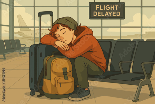 Tired traveler sleeping at airport during flight delay. Exhausted passenger napping on luggage in terminal waiting area. Illustration of travel inconvenience, journey disruption, and restful pause.