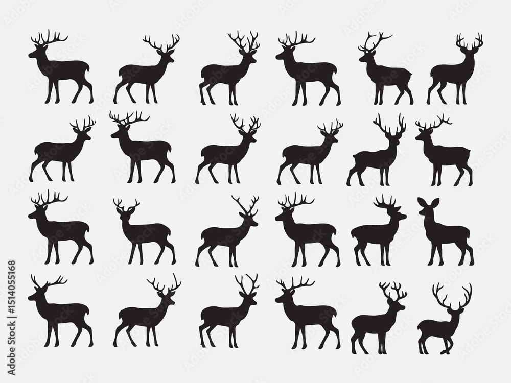 Naklejka premium Collection of wild deer silhouette icons with antlers in multiple standing walking positions