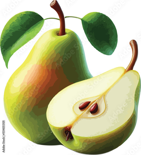 Delicious fresh green pear with a slice showing seeds healthy food concept vector illustration