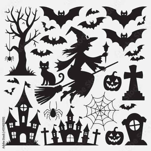 Halloween silhouette set with flying witch cat spiderweb and graveyard on white background