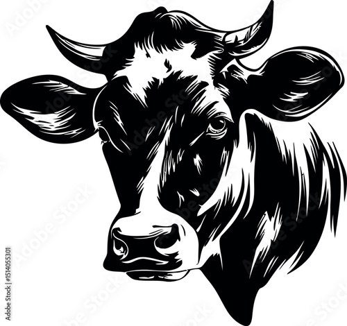 Black and White Cow Head – Minimalist Line Art Vector Illustration for Logo or Print Design