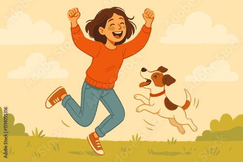 Joyful Girl Jumping with Happy Puppy in Sunny Meadow. Friendship and Active Lifestyle. Cartoon Illustration of Child and Dog Having Fun Outdoors Together. Canine Companion