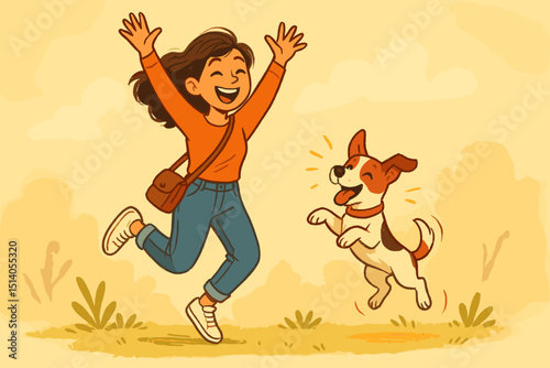 Joyful girl and her playful puppy jumping with happiness outdoors. Young woman and energetic dog enjoying park fun. Pet owner bond, friendship, active lifestyle. Cute cartoon illustration.