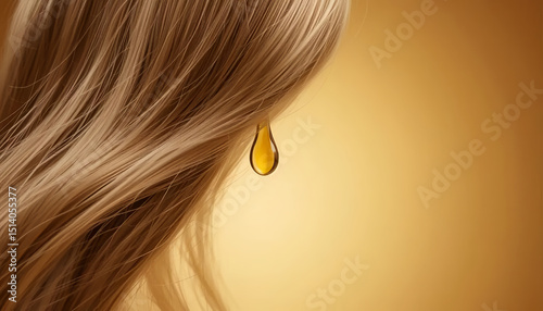 Hair Strands with Teardrop-Shaped Golden Oil Droplet on Textured Background