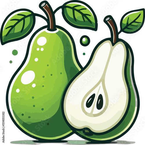 Fresh green pears with leaves illustrative graphic featuring one cut open for artistic use