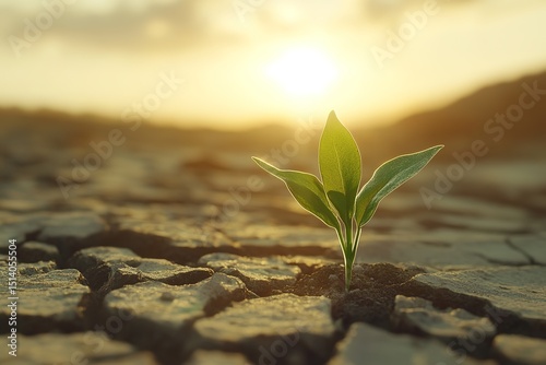 One delicate sprout emerging from cracked soil, softly lit by sunset rays. Ideal for illustrating survival, hope and earth’s healing