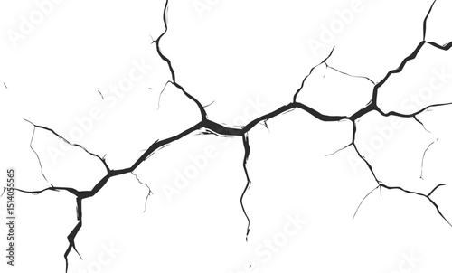 Vector silhouette of a cracked or broken ground surface. Abstract fissure texture in black on white, ideal for destruction effects, damaged surfaces, or grunge design elements.