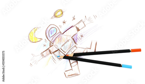 colorful wooden crayons and child's drawing of an astronaut in space, isolated on white background