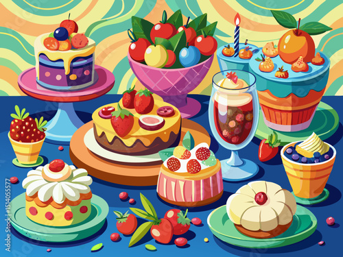 vector of Decorate the cakes with cream and fruit, tarts and party food in colorful dishes on the stylish table