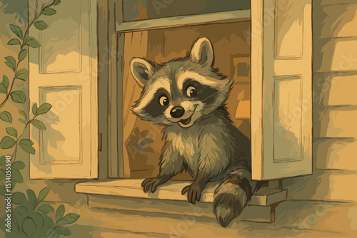 Curious smiling raccoon character peeking through an open window. Cute friendly animal, whimsical wildlife illustration. Adorable bandit masked mammal for children's story or nursery art.