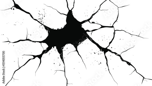 Vector silhouette of a cracked or broken ground surface. Abstract fissure texture in black on white, ideal for destruction effects, damaged surfaces, or grunge design elements.