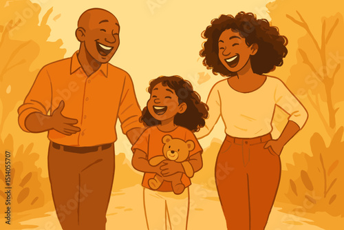 Joyful Black family stroll: smiling African American parents and daughter with teddy bear walking outdoors. Happy childhood, family love, and togetherness concept. Warm, illustrative vector art.