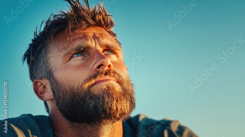 A contemplative man with a beard is looking thoughtfully into the sky during sunset, capturing a moment of introspection and hopefulness against a beautiful backdrop. photo