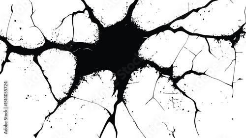 Vector silhouette of a cracked or broken ground surface. Abstract fissure texture in black on white, ideal for destruction effects, damaged surfaces, or grunge design elements.