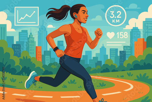 Woman running. Urban fitness journey. City park exercise. Active lifestyle. Smartwatch tracking. Health app. Jogger workout. Heart rate, distance, progress data. Sport. Vector graphic.