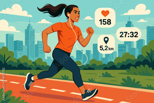 Energetic Woman Jogging in City Park: Cardio Fitness, Healthy Lifestyle, Urban Running, Exercise, Training, Morning Workout, Active Sport, Wellness, Heart Rate 158, 5.2km Run.