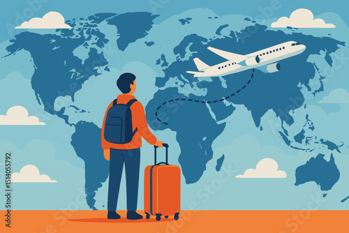 Traveler with luggage observing airplane route on global map. Concept of worldwide exploration, vacation, and international tourism. Vector graphic for adventure and journey planning.