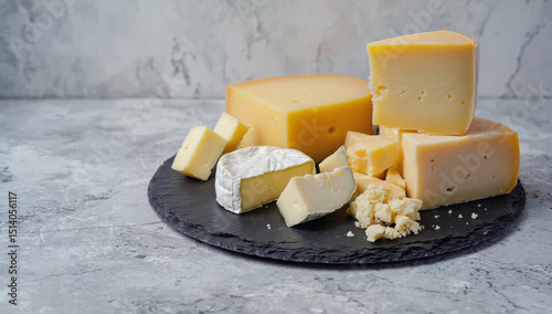 Wallpaper Mural Assorted cheese varieties displayed on a dark slate platter, featuring creamy, crumbly, and aged textures, showcasing a gourmet selection for culinary enthusiasts and food lovers Torontodigital.ca