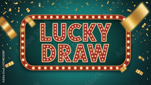 A lucky draw sign with confetti on a green background with light bulbs