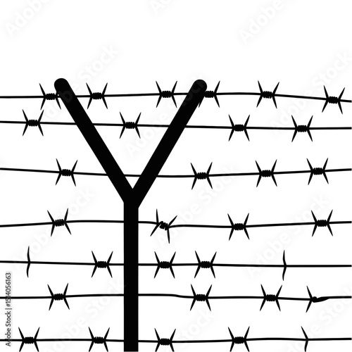 A bold, black Y shape is juxtaposed against a background of taut barbed wire strands.