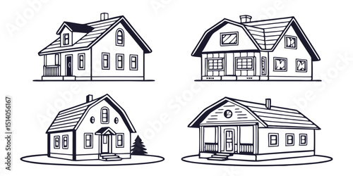 House with Round Windows, Roof House Concept, Family House Art, Home Drawing, Suburban House Design, Flat Illustration of Home