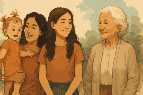 Four Generations of Women: Baby, Mother, Daughter, Grandmother. Family Love and Connection. Ancestry, Lineage, and Heritage. Generational Bonds and Togetherness.