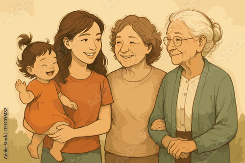 Adorable Four Generations: Great-Grandmother, Grandmother, Mother, and Baby Daughter Together. Family Love, Lineage, and Legacy in a Timeless Illustration. Watercolor Style