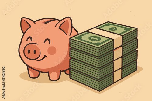 Smiling pink piggy bank with organized stacks of cash. Concept for savings, investment, financial planning, wealth building, budget management, and economic prosperity. Cartoon vector art.