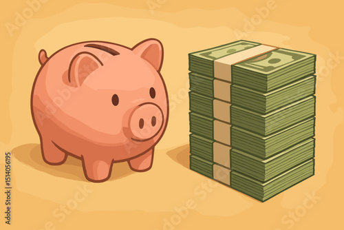 Piggy bank savings concept with stack of cash money. Financial planning, investment, wealth accumulation illustration. Budgeting, economy, banking, and personal finance symbol for profit.