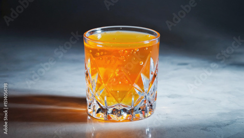 Wallpaper Mural Crystal glass filled with vibrant orange beverage, showcasing bubbles and reflections, placed on a smooth marble surface, creating an inviting and refreshing atmosphere Torontodigital.ca