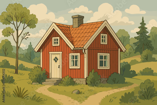 Charming Scandinavian red house illustration, idyllic countryside cottage in a serene natural landscape. Peaceful rural home, traditional wooden cabin vector art with trees and path.