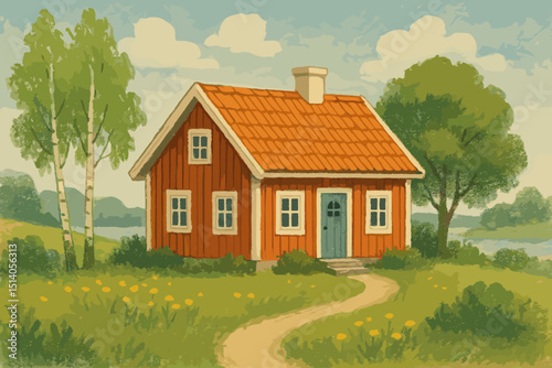 Quaint Scandinavian Cottage by Lakeside. Serene Nordic Home with Lush Green Meadow and Winding Path. Traditional Swedish House in Peaceful Landscape. Summer Scenery in Sweden.