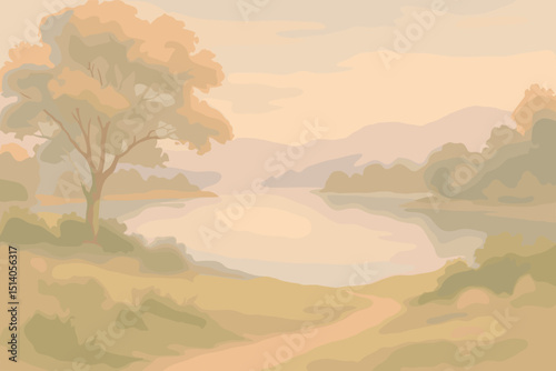 Tranquil landscape painting serene lake distant mountains path. Idyllic nature art peaceful riverside scenery calm background. Soft watercolor style atmospheric beautiful view illustration.