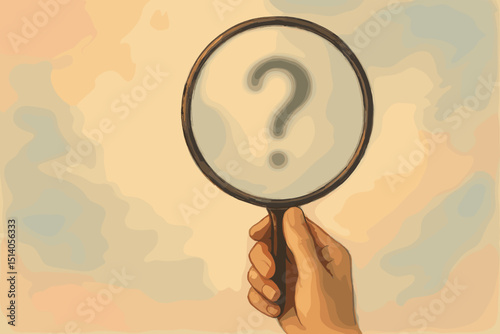 Question mark under magnifying glass held by hand. Concept of searching for answers, introspection, curiosity, problem solving. Mystery, uncertainty and exploration.