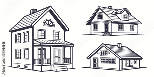 Vintage Suburban House Clipart, Abstract Home Architecture, Dreamy Small House Design, Playful House for Children, Tiny Home Illustration, House with Round Windows