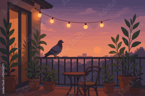 Charming balcony illustration: pigeon visitor at dusk with city sunset. Cozy string lights, potted plants, outdoor seating. Peaceful urban evening, serene atmosphere, city life concept.
