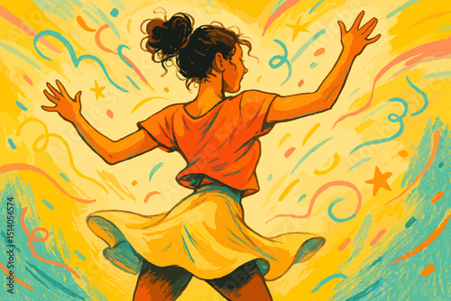 Joyful woman dancing in a vibrant celebration, contemporary dance illustration. Energetic movement, happiness, freedom, and artistic expression with confetti and streamers. Festive party atmosphere.