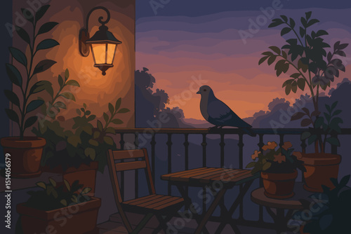 Serene dusk on a cozy balcony with a pigeon visitor. Glowing lantern light, potted plants, and a peaceful sunset sky create a tranquil urban evening atmosphere. Home relaxation illustration.