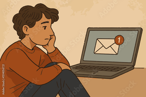 Young person anxiously contemplating a new email notification alert on laptop screen. Illustrates digital communication stress, information overload, remote work pressure, and message anticipation.