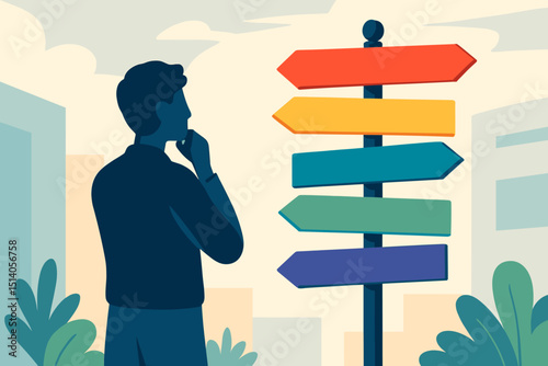 Crossroads of Choice: Man at Colorful Signpost Contemplating Future Paths & Opportunities. Business Strategy, Career Decision, Direction, Guidance, Goals. Vector Illustration