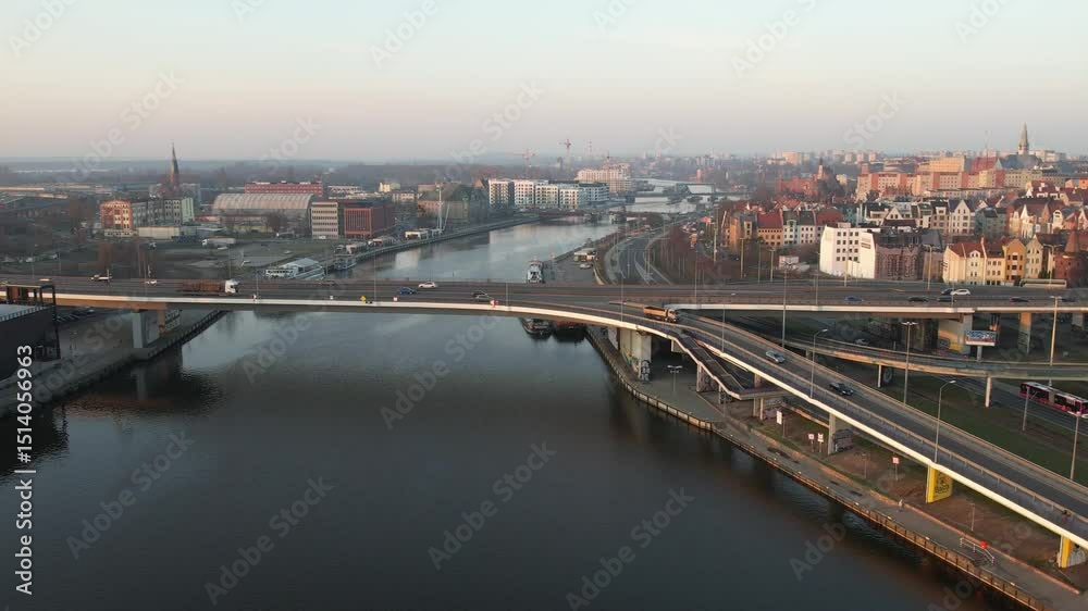 Szczecin Cityscape: Aerial View of River, Bridges, and Old town. Szczecin Cityscape: Aerial View of River, Bridges, and Old town.