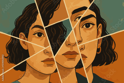Faces of identity, fragmented woman portrait. Metaphor for split personality, DID, mental health issues. Psychology, inner conflict, multiple selves, self perception. Emotional disorder, abstract art.