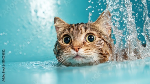 A cute cat with large eyes appears startled and whimsical as it splashes in water, revealing a playful side and the adorable essence of pets enjoying their surroundings.