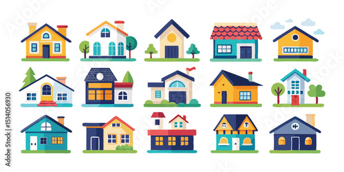 Classic Suburban Home Icon, Cute Bungalow House Drawing, Tiny House Front View, Flat Roof Modern House