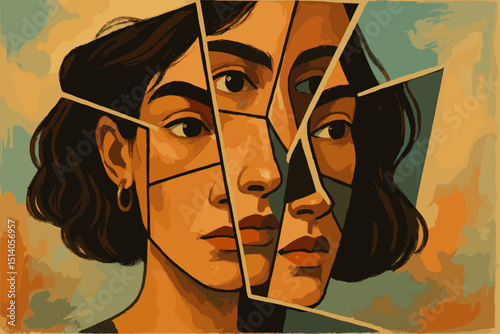 Shattered Identity Portrait. Woman's Face Divided into Geometric Shapes. Psychological Concept. Fragmented Self. Inner Conflict. Mental Health Awareness. Modern Art.